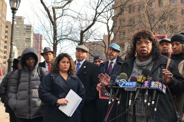 Gwen Carr at a press conference outside NYPD headquarters on Thursday.